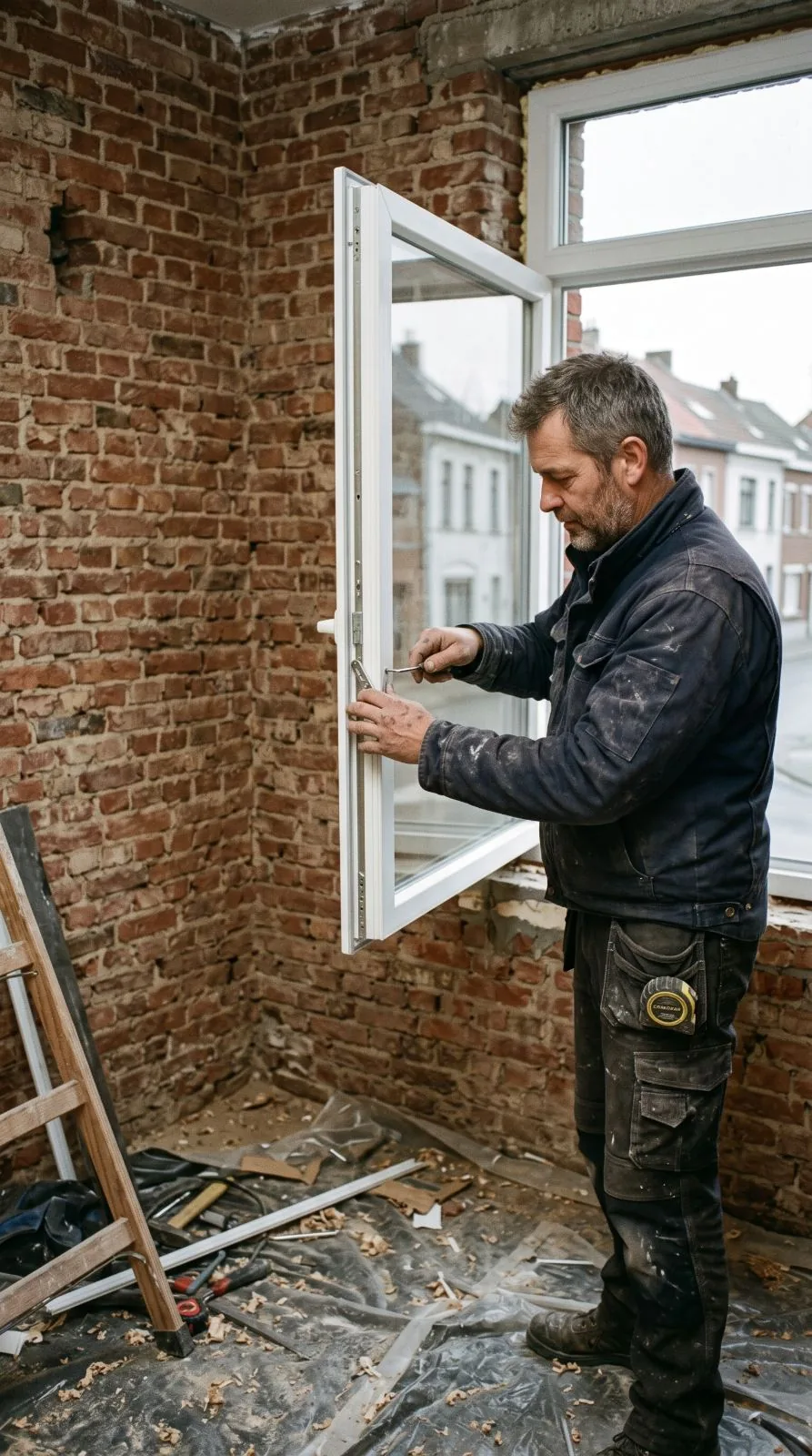 Olivier en train de poser un châssis dans une maison en rénovation